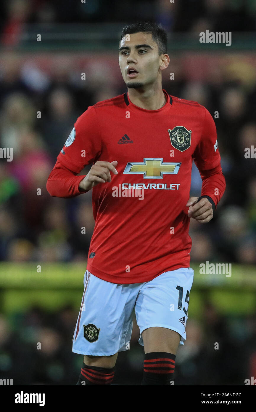 27th October 2019, Carrow Road, Norwich, England; Premier League, Norwich City v Manchester United : Andreas Pereira (15) of Manchester United during the game Credit: Mark Cosgrove/News Images Stock Photo