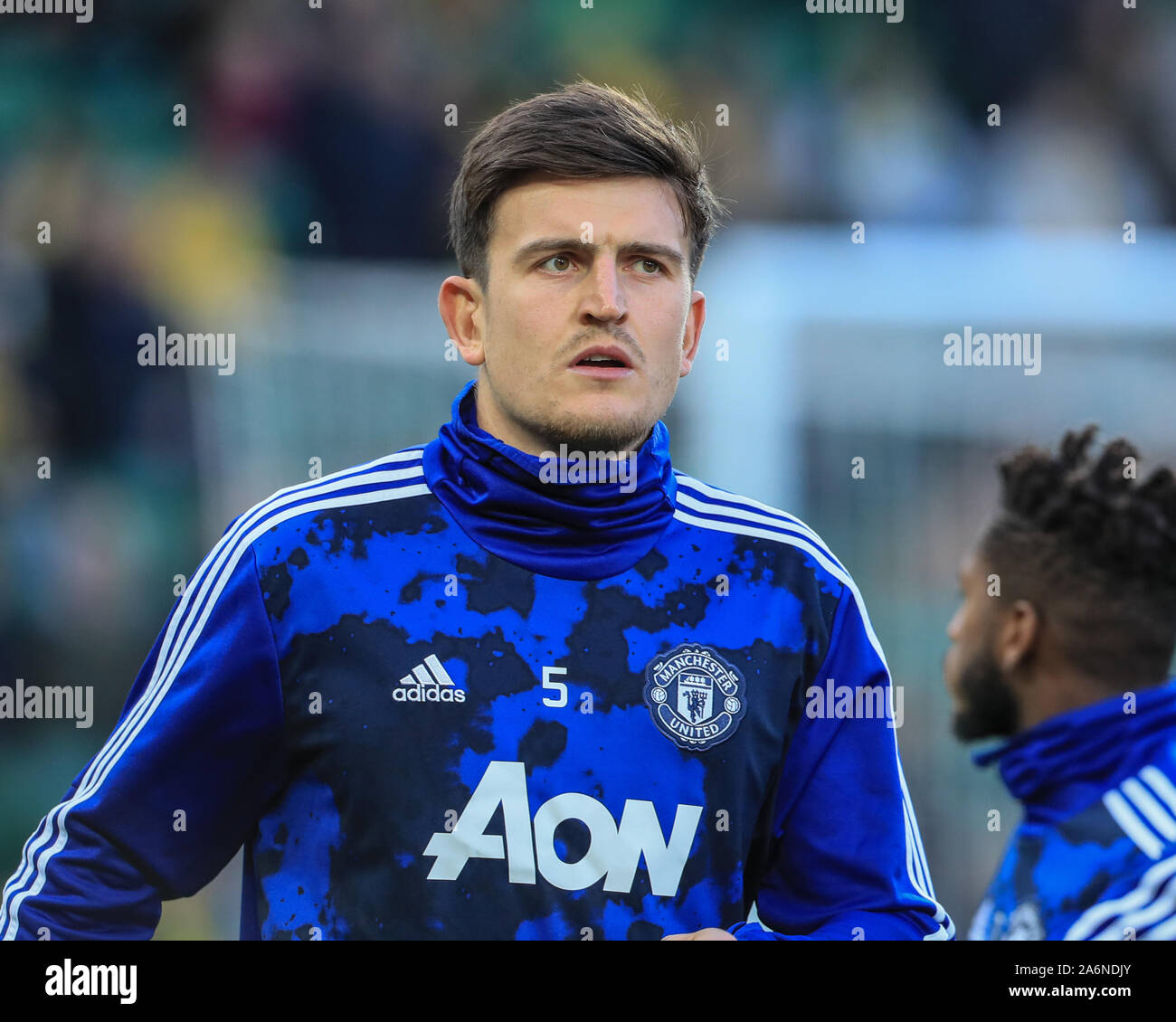 27th October 2019, Carrow Road, Norwich, England; Premier League, Norwich City v Manchester United : Harry Maguire (5) of Manchester United gaming up  Credit: Mark Cosgrove/News Images Stock Photo