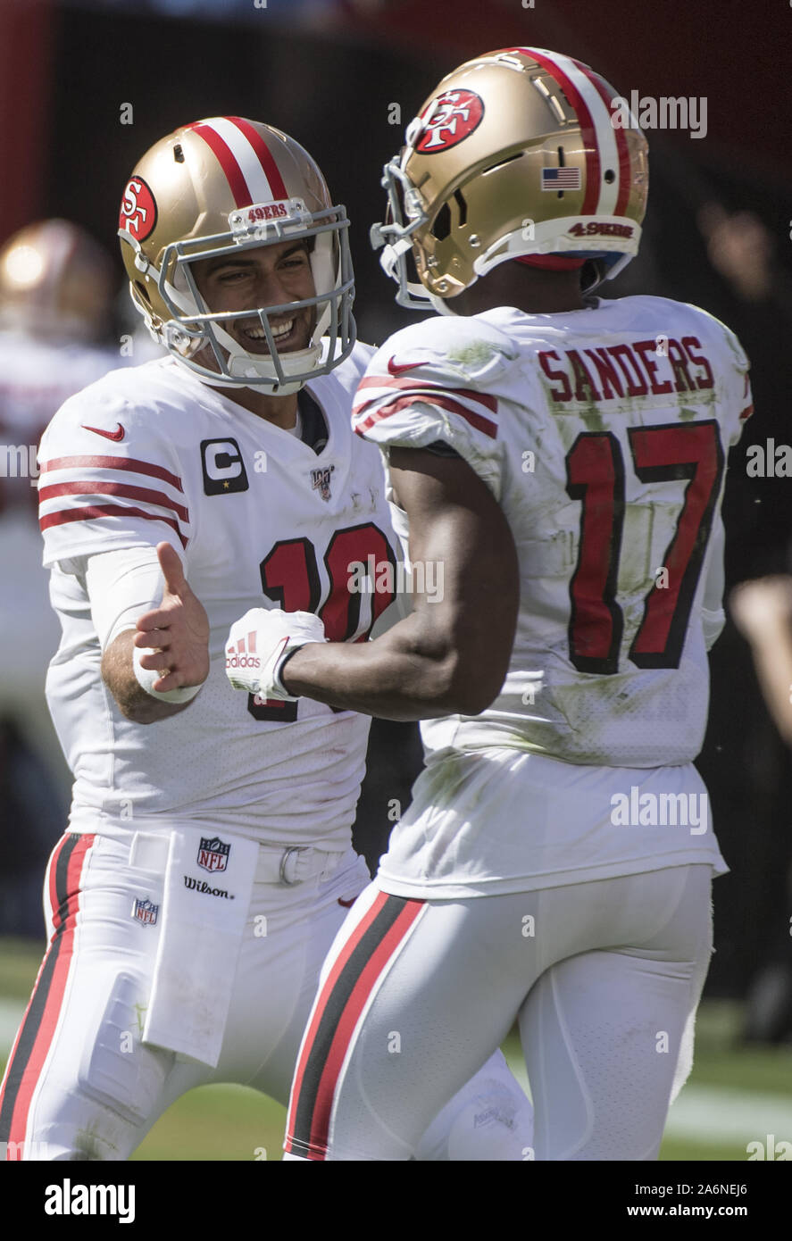 Santa Clara, California, USA. 24th Oct, 2021. San Francisco 49ers wide  receiver Jalen Hurd (14) and wide receiver Jordan Matthews (18) celebrate  field goal on Sunday, October 24, 2021, at Levis Stadium