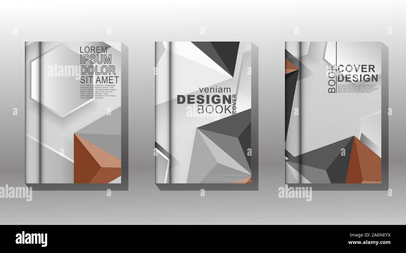 collection of book covers, brochures etc. hexagon shapes stacked triangular geometry with a combination of black, white brown and gray Stock Vector