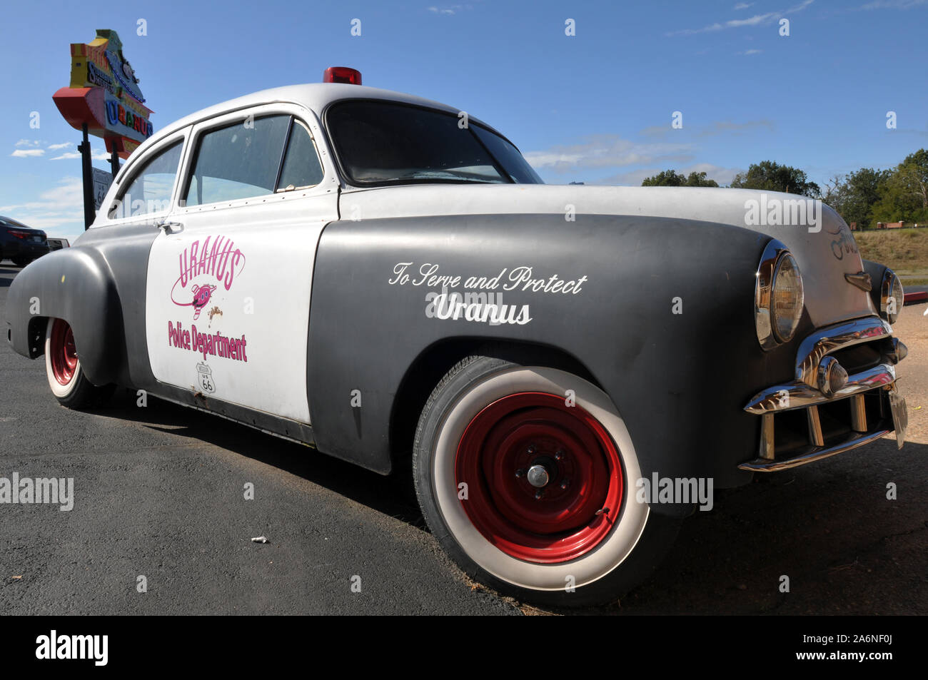 A classic car bearing the name of the Uranus Police Department is pictured at Uranus, Missouri, a quirky tourist attraction along old Route 66. Stock Photo