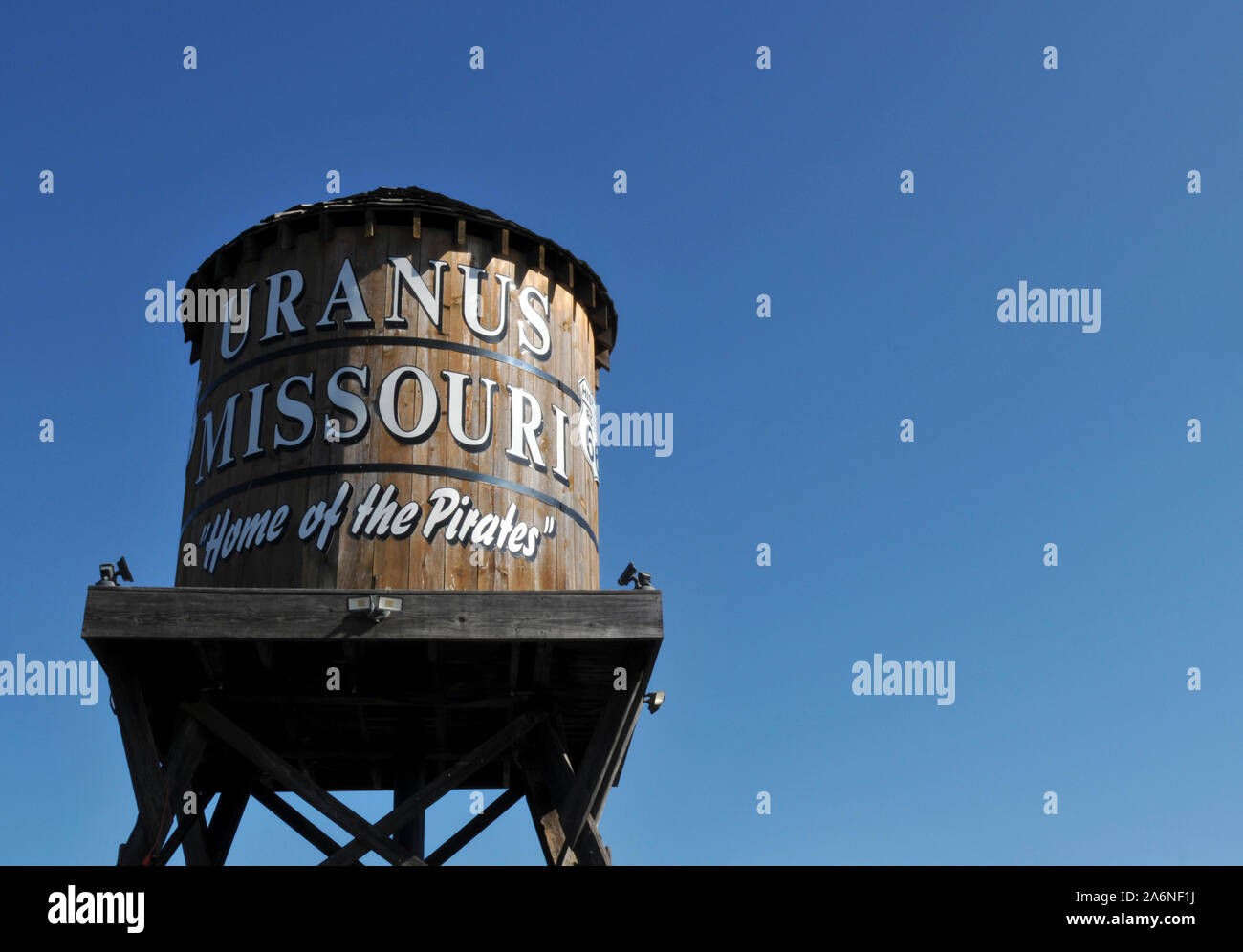 An old-fashioned water tower stands at Uranus, Missouri, a quirky tourist attraction along old Route 66, east of Fort Leonard Wood. Stock Photo
