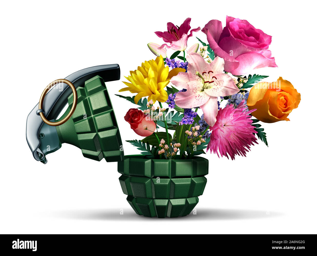 Grenade weapon and flowers as a symbol for terror or war and peace on a white background as an unexploded bomb object. Stock Photo