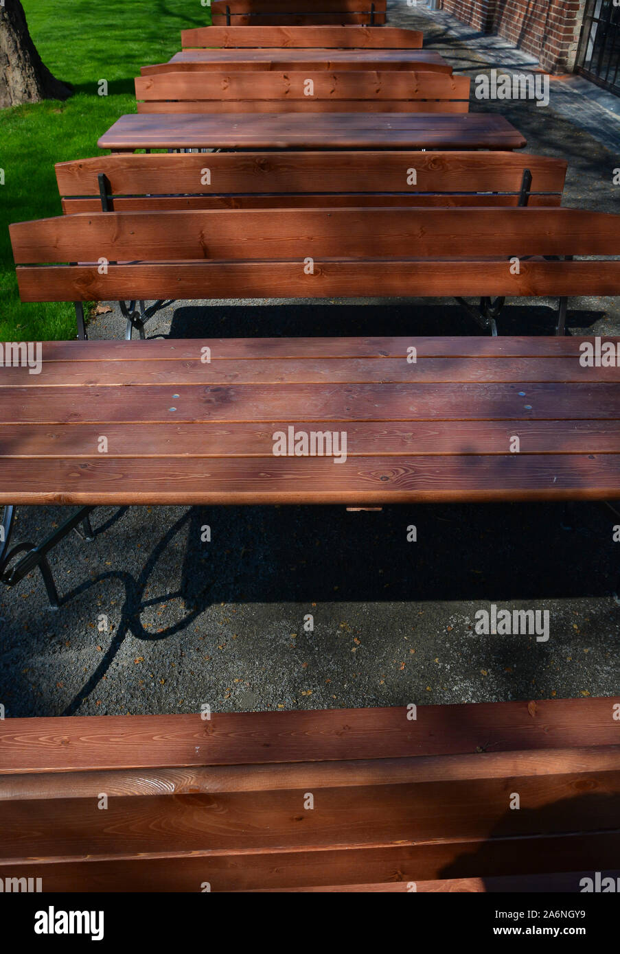 Beer benches Beer tables tables outside sunny Stock Photo Alamy