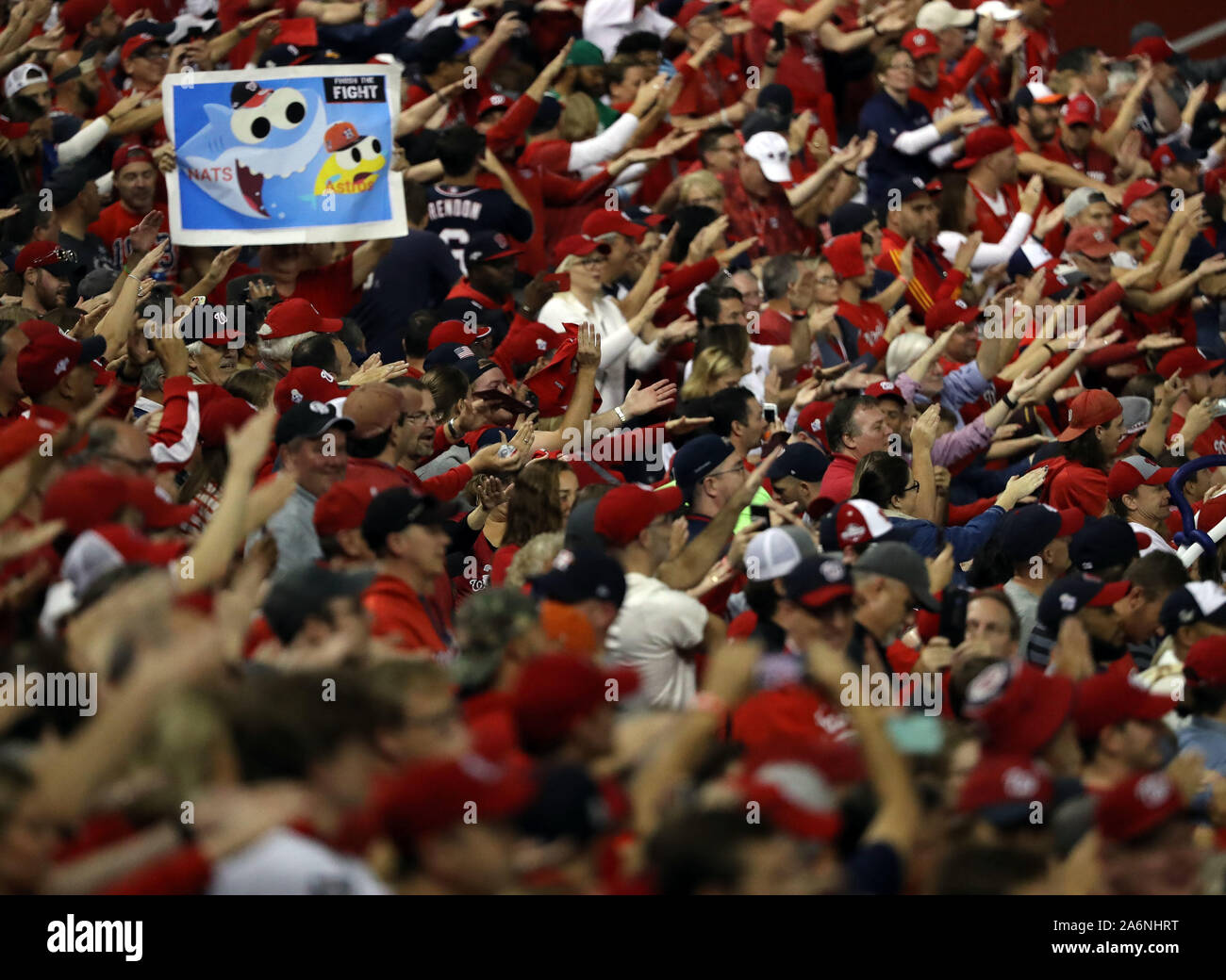 Washington, USA. 27th Oct, 2019. Washington Nationals fans cheer to 'Baby shark' during Game 5 of the World Series against the Houston Astros at Nationals Park in Washington, DC on Sunday, October 27, 2019. Photo by Mark Abraham/UPI Credit: UPI/Alamy Live News Stock Photo