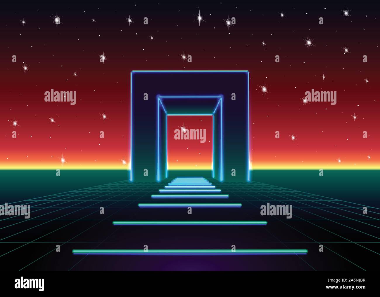 Neon 80s styled massive gate in retro game landscape with shiny road to ...