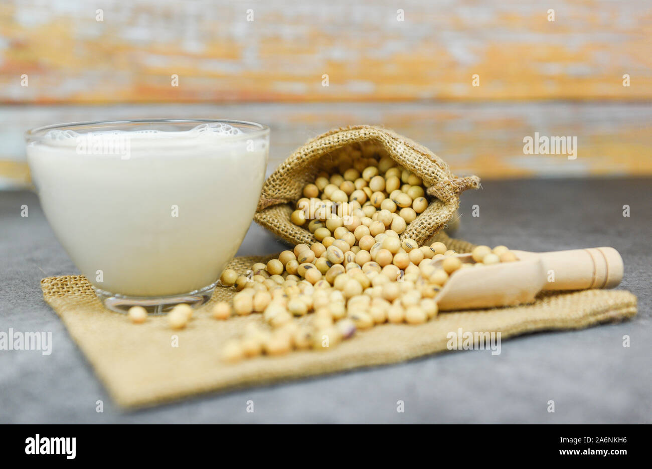 Soybean and dried soy beans on the sack / Soy milk in glass for healthy diet and natural bean protein Stock Photo
