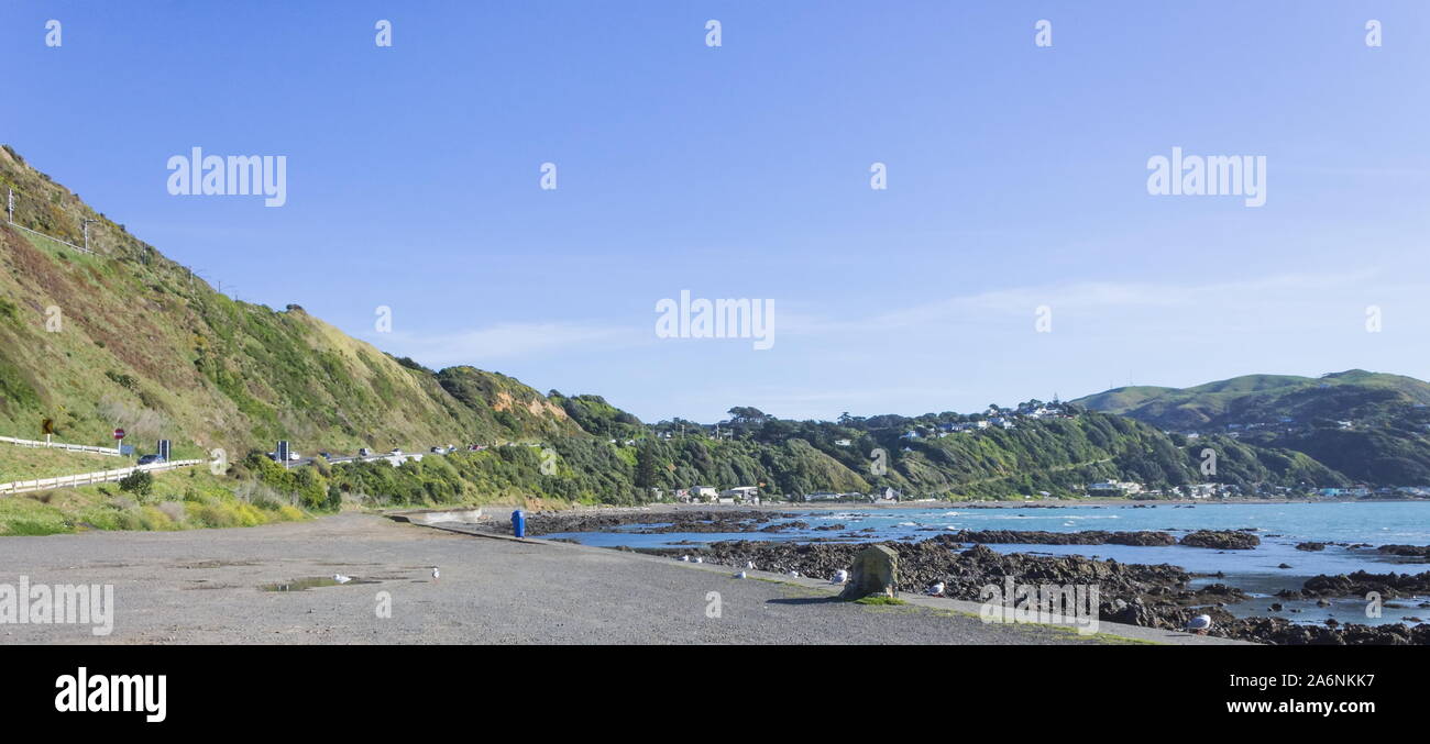 Landscape view of Pukerua Bay hill along Centennial highway on the Kapiti Coast of New Zealand. Stock Photo