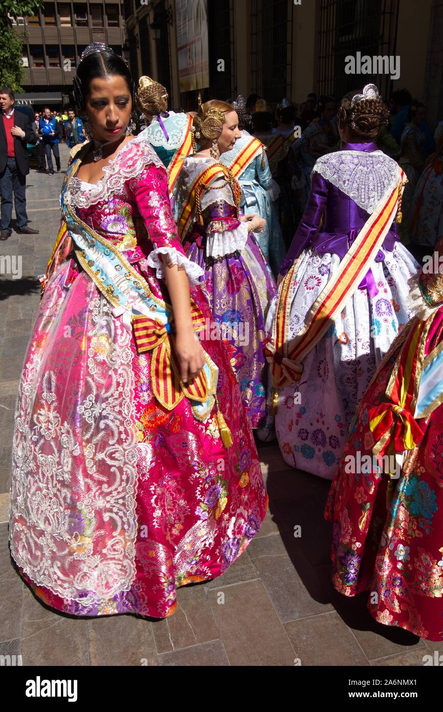 Women in gorgeous traditional dress at Las Fallas festival in Valencia ...