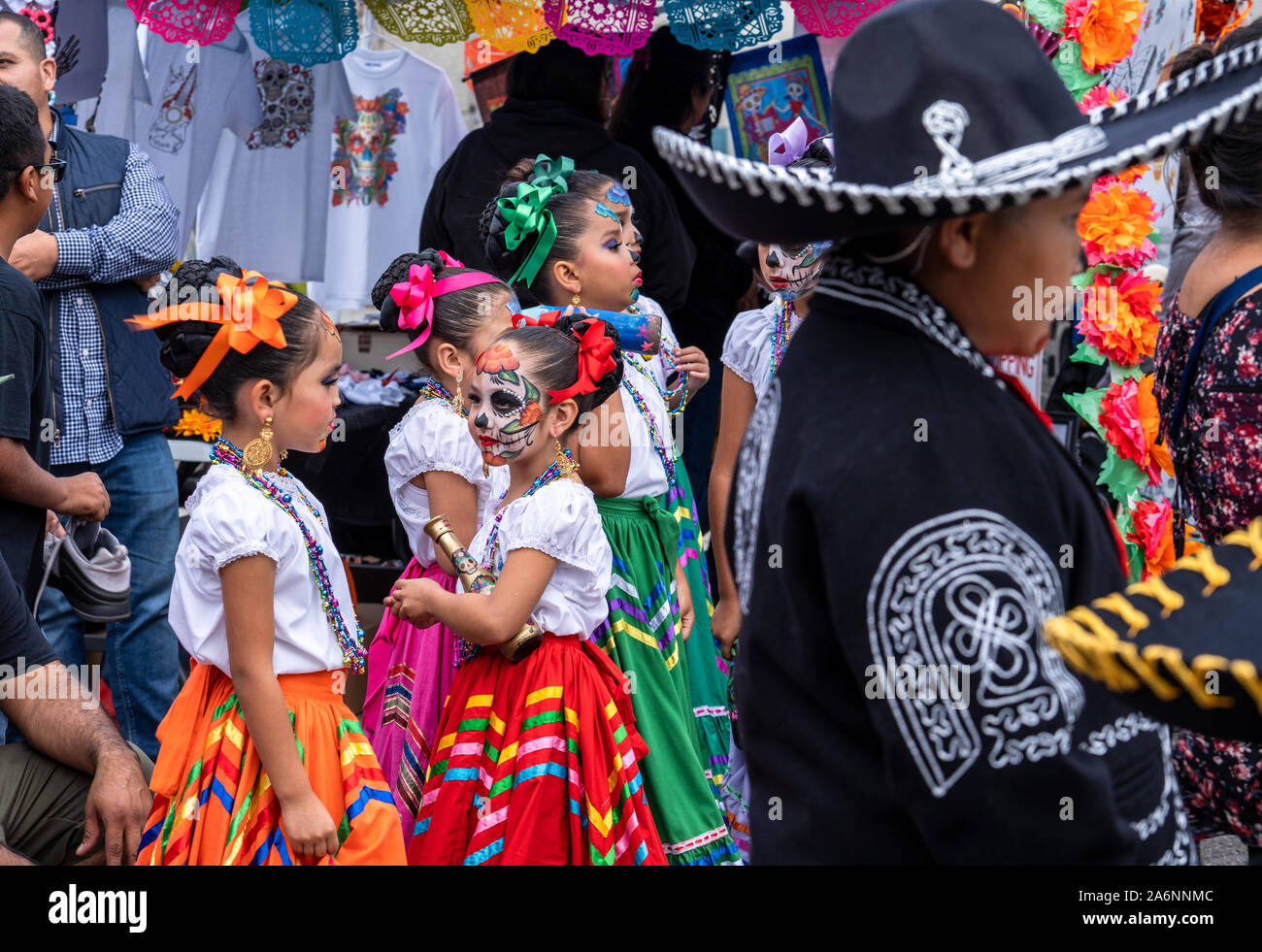 Young girls ready to dance at Dia de los Muertos festival, day of the dead, in San Pedro, California Stock Photo