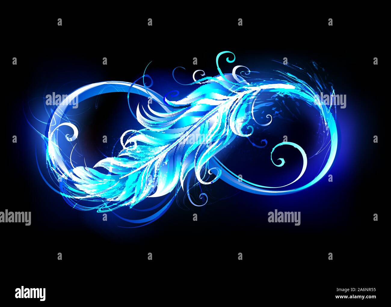 Fiery infinity symbol with light feather of bird from blue bright flame on black background. Stock Vector