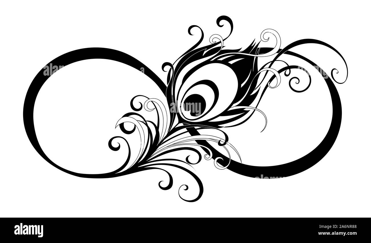 Artistically drawn, black, contour symbol of infinity with silhouette peacock feather on white background.Tattoo style. Stock Vector
