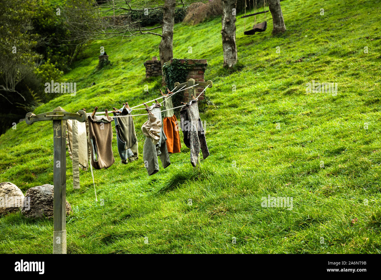 Laundry out to dry in the Hobbiton Movie Set, Matamata, New Zealand Stock Photo