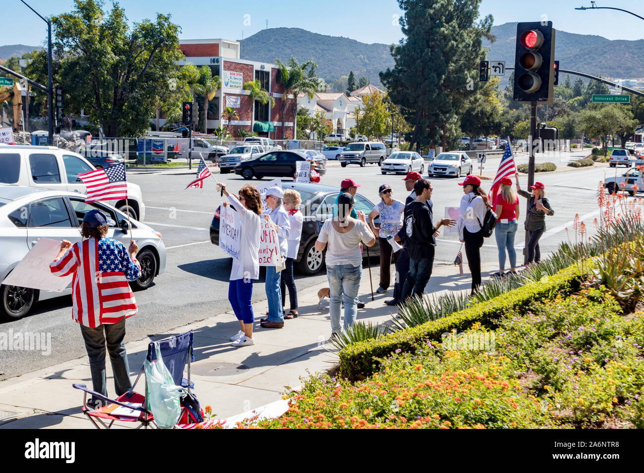 THOUSAND OAKS, CALIFORNIA - OCTOBER 17, 2019: Pro Trump Rally held at the intersection of Hillcrest and Moorpark Road. A peaceful rally supporting of Stock Photo