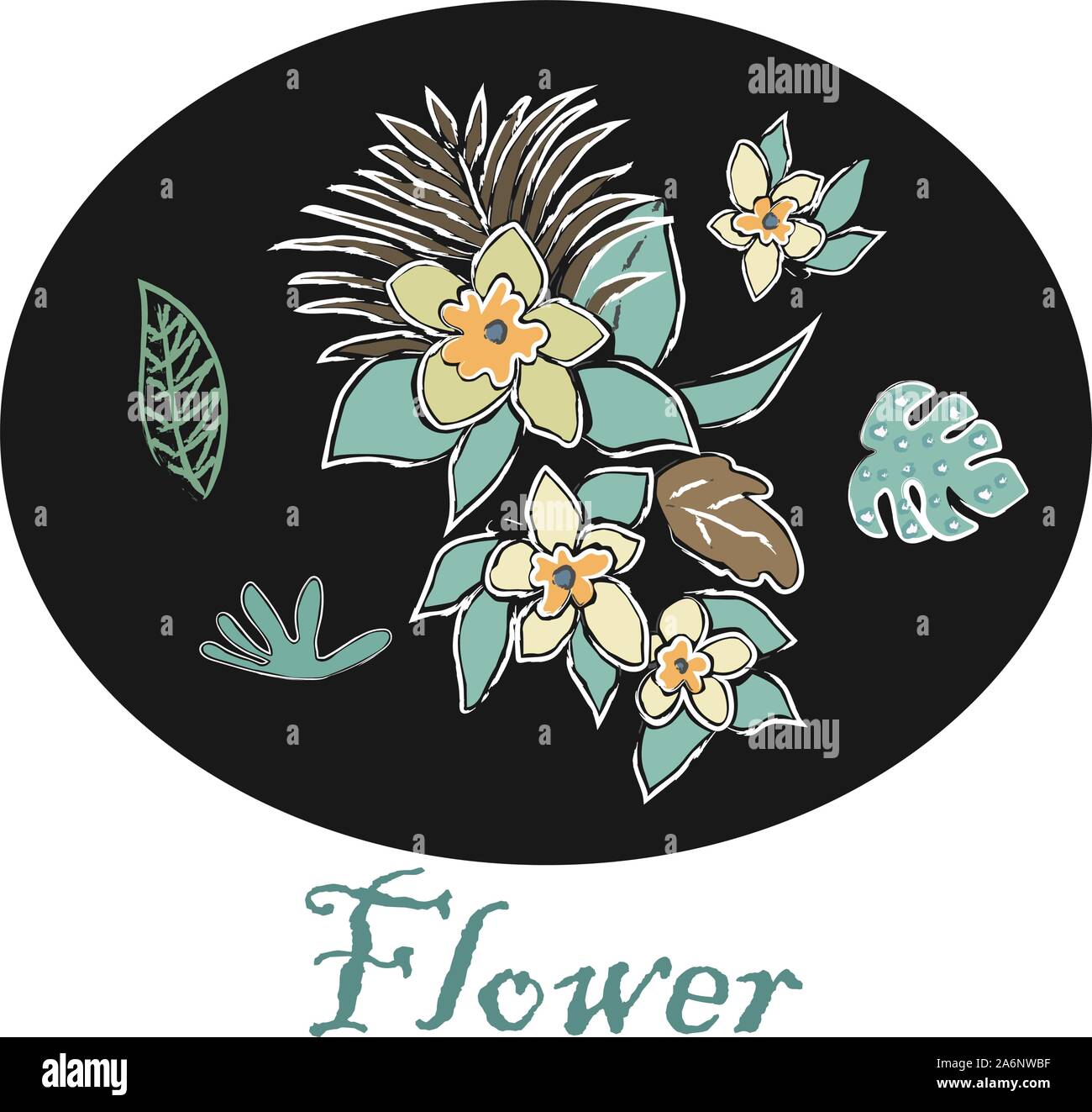Cute Icon with Leaves and Flowers. Collection of Leaves. Hand Drawn ...