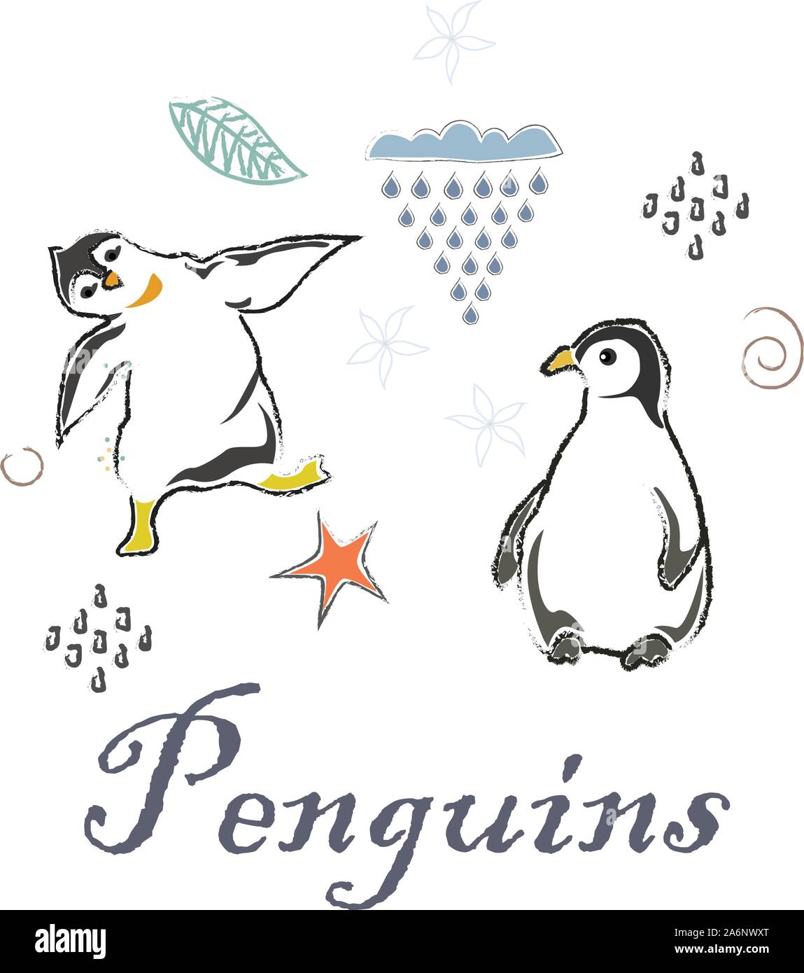 Cute Winter Icon with penguins. Hand Drawn Scandinavian Style. Vector ...