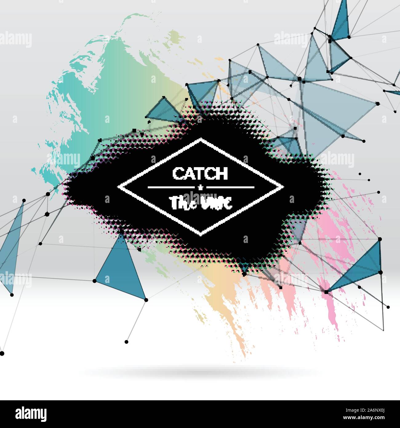 Background with brush stroke, blot, triangular grid and label Stock Vector