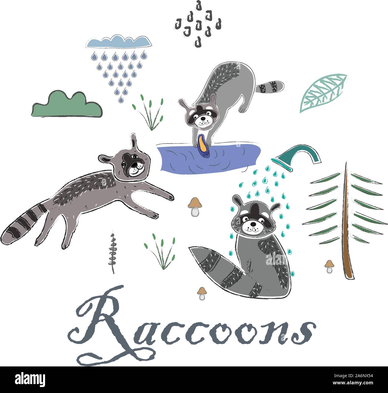 Cute Icon with raccoons. Hand Drawn Scandinavian Style. Vector ...