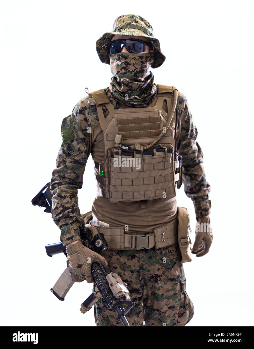 american marine corps special operations soldier with fire arm weapon and  protective army tactical gear clothes Studio shot isolated on white backgro  Stock Photo - Alamy