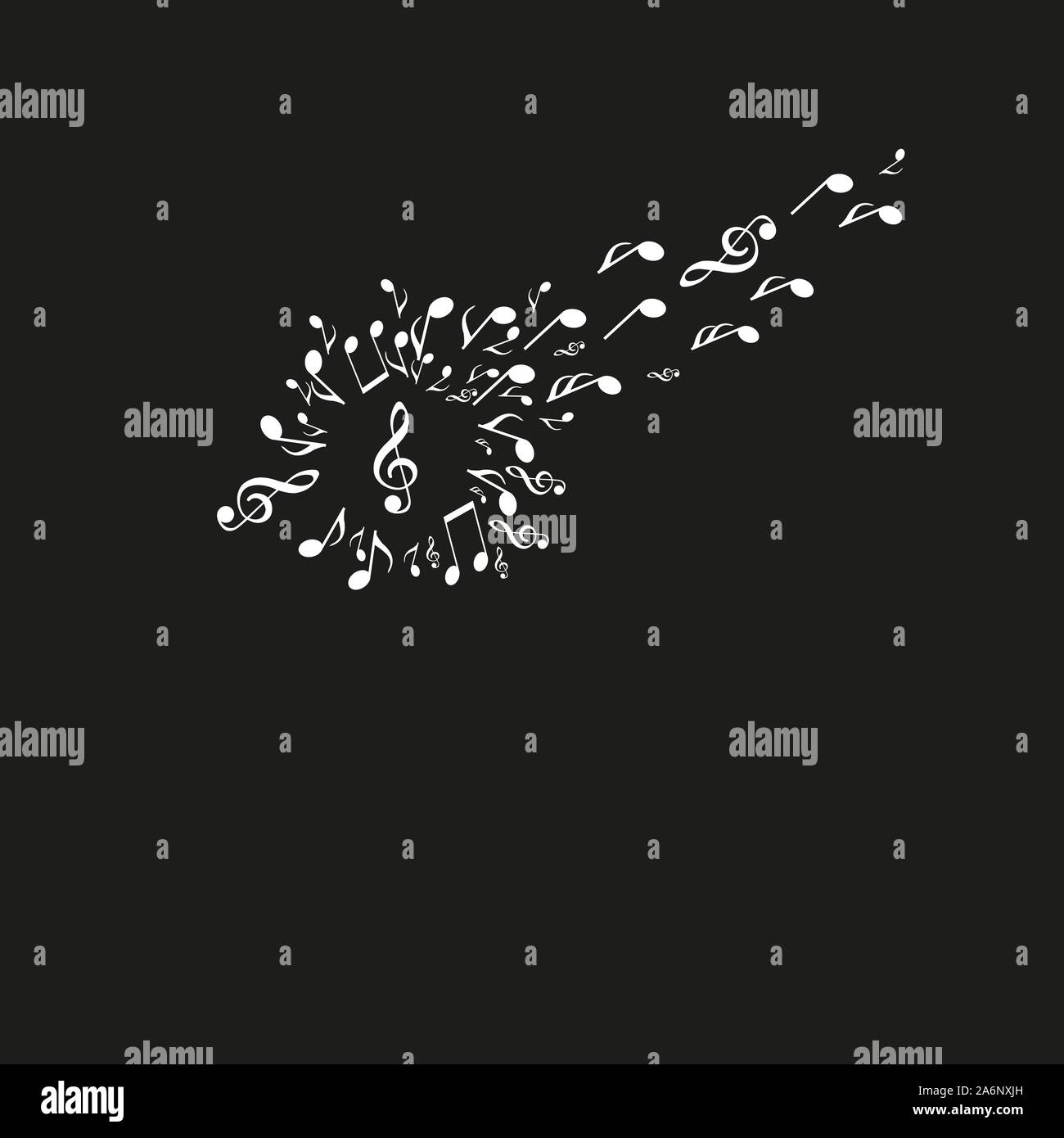 Dandelion silhouette made from musical notes, with some notes flying away towards on black backround Stock Vector