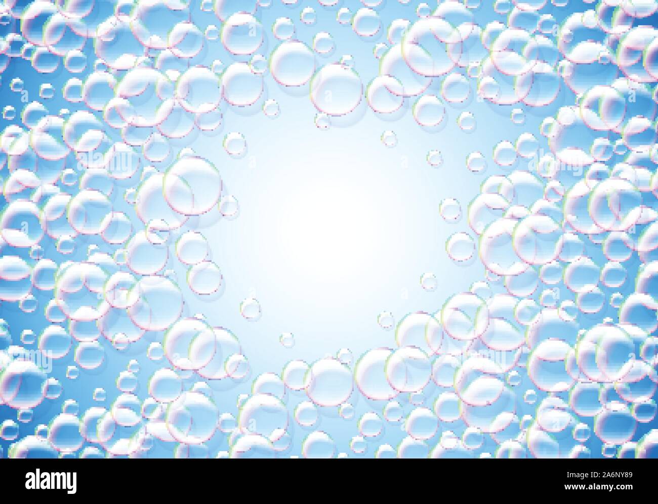 Soap bubbles abstract blue background with rainbow colored airy foam ...