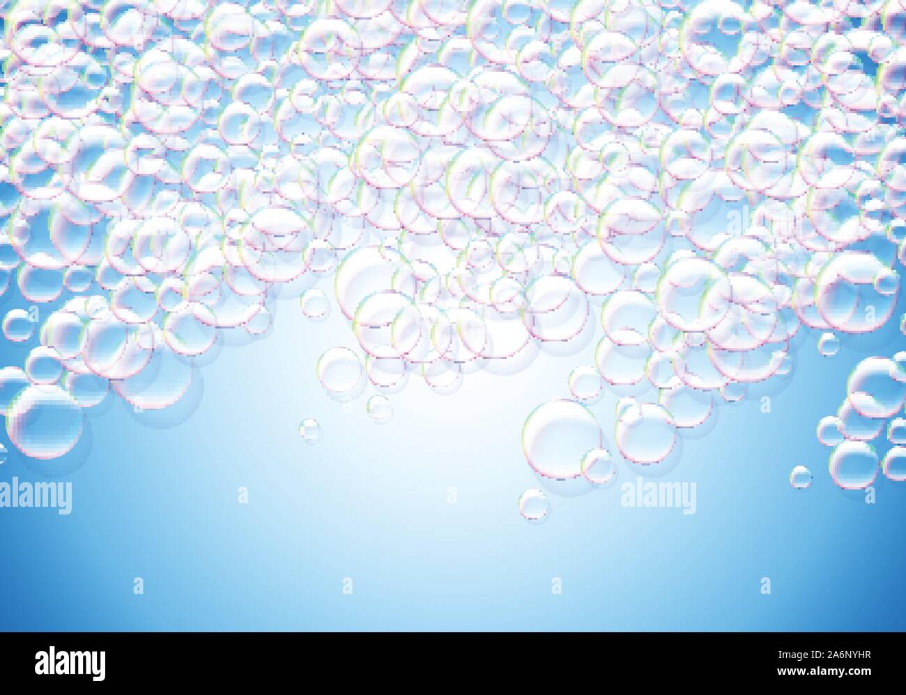 Soap bubbles abstract blue background with rainbow colored airy foam ...