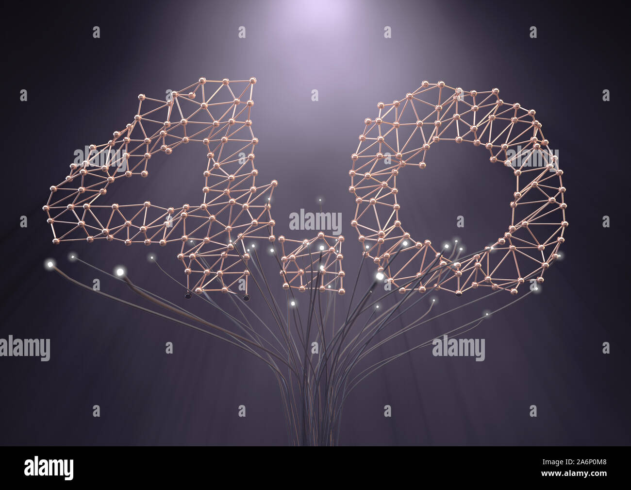 A concept futuristic tree made of metal and fiber optic wire and the number 4.0 in a plexus design depictiong the 4th industrial revolution - 3D rende Stock Photo
