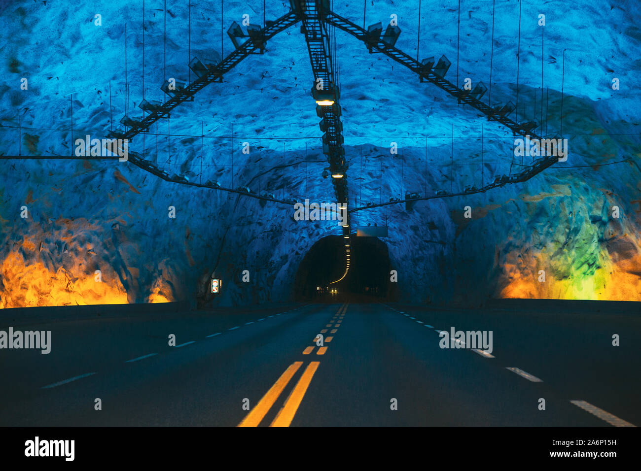 Laerdal Tunnel, Norway. Road On Illuminated Tunnel In Norwegian Mountains. Famous Longest Road Tunnel In World. Popular Place. Stock Photo