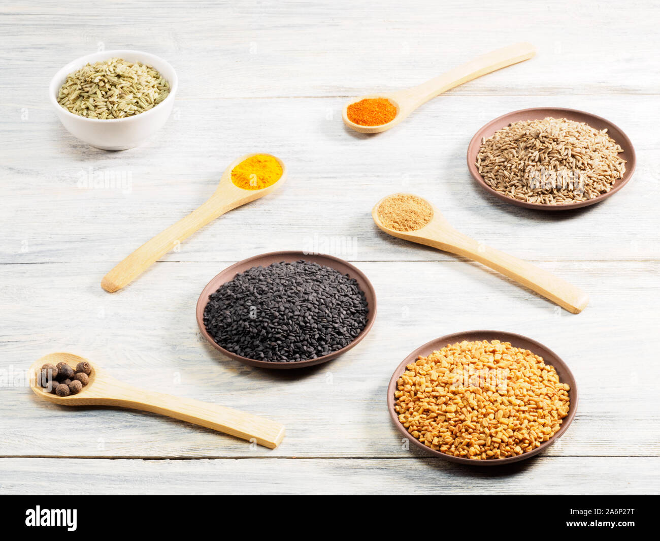 Turmeric, allspice, black cumin, chili pepper, masala, fenugreek