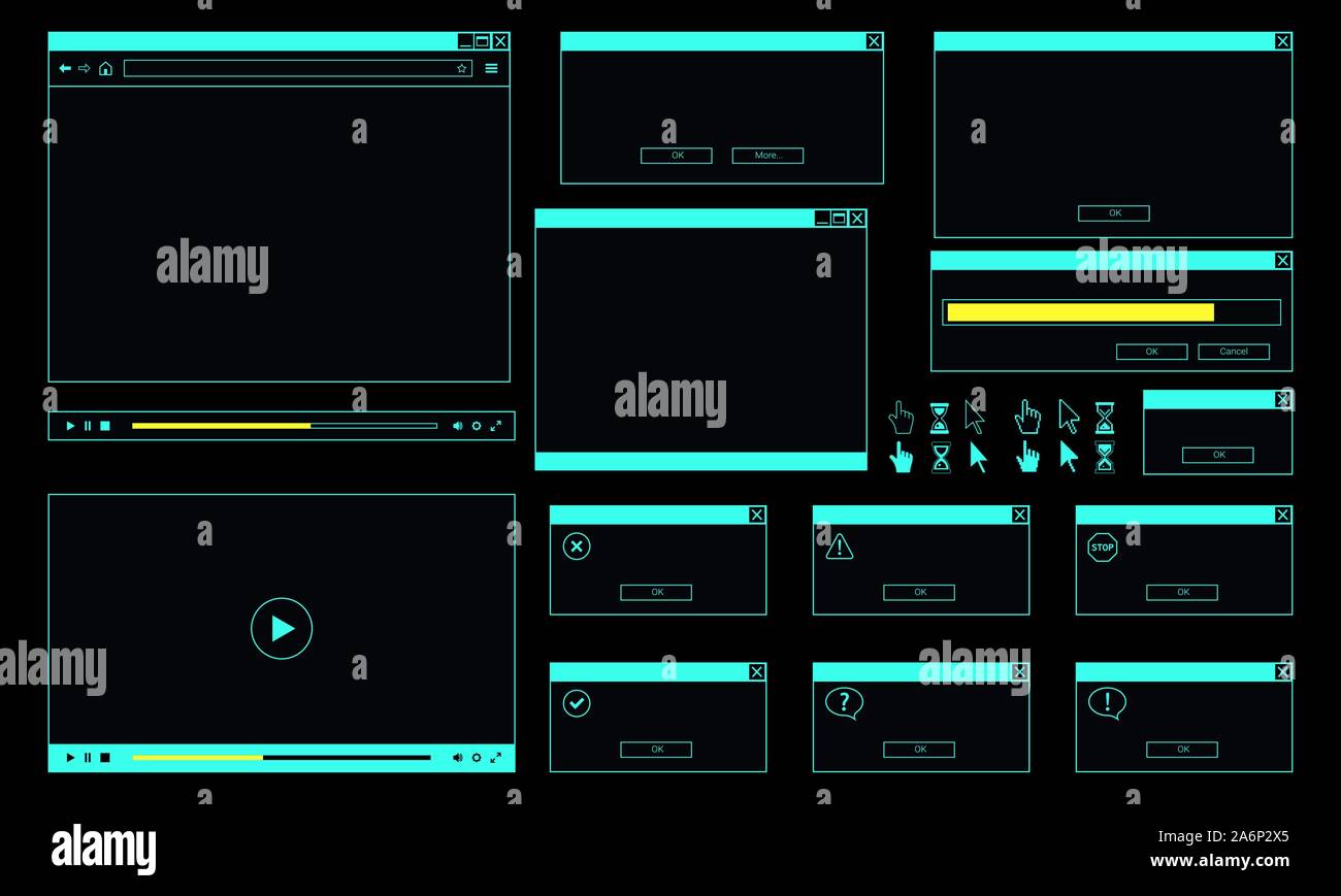 Neon theme of desktop user interface. Web browser window, online video player, error message and computer cursor. Stock Vector