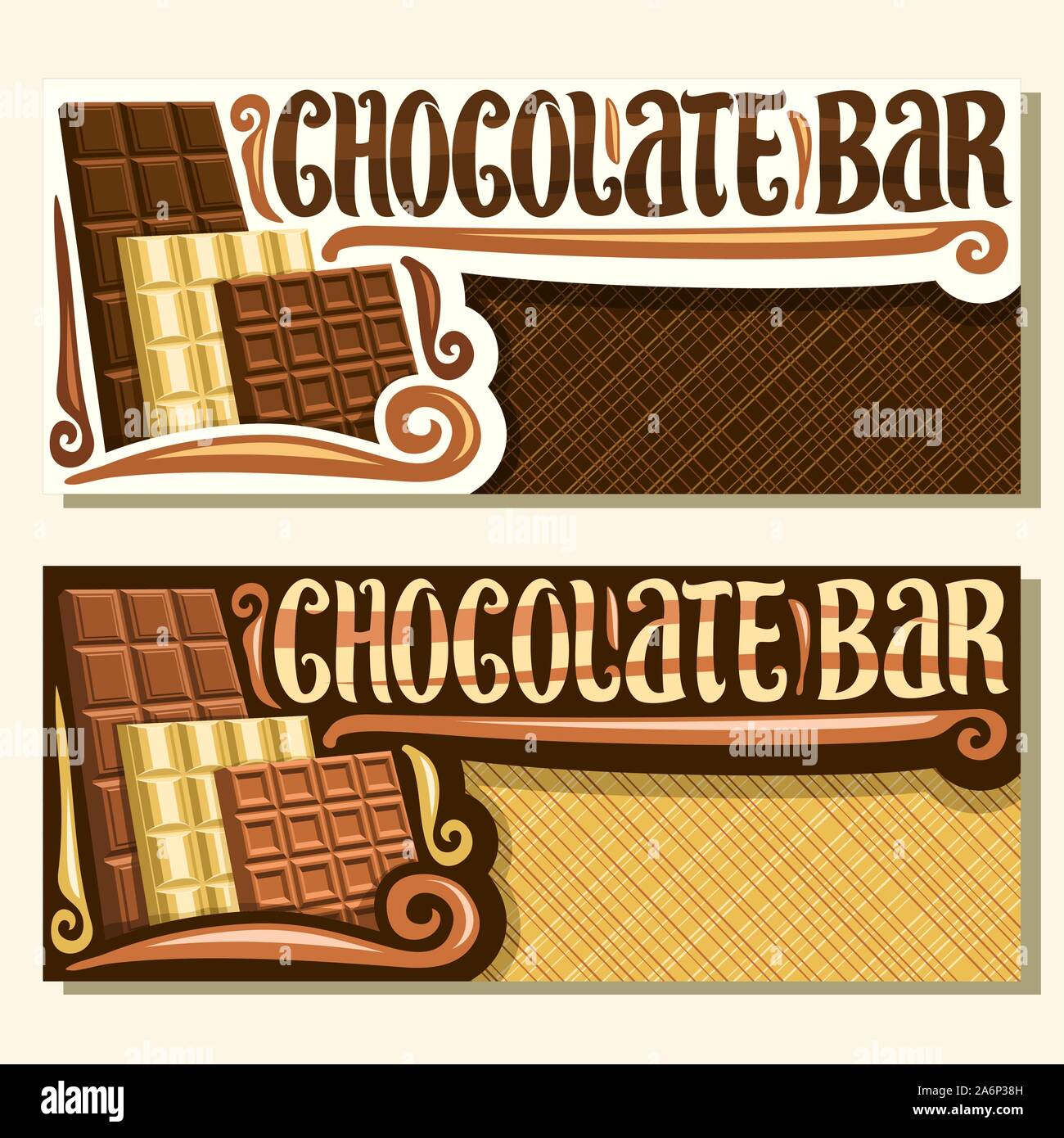 Vector banners for Chocolate Bar with copy space, brochures with choice of 3 different kind of whole premium chocolate bars, original brush lettering Stock Vector