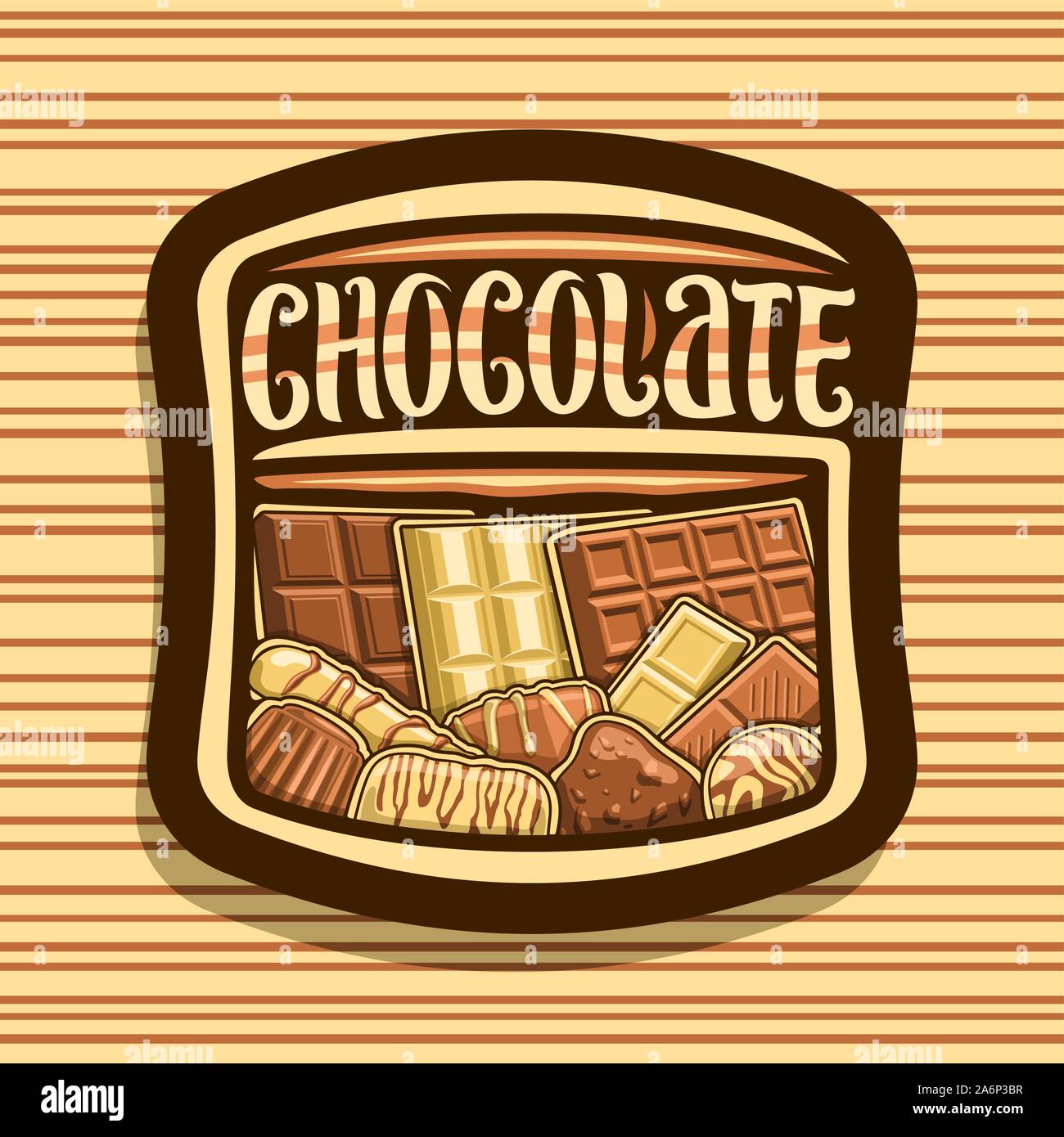 Vector logo for Chocolate, dark square sign with choice of different kind of whole premium chocolate bars and heap of candies, original brush typeface Stock Vector