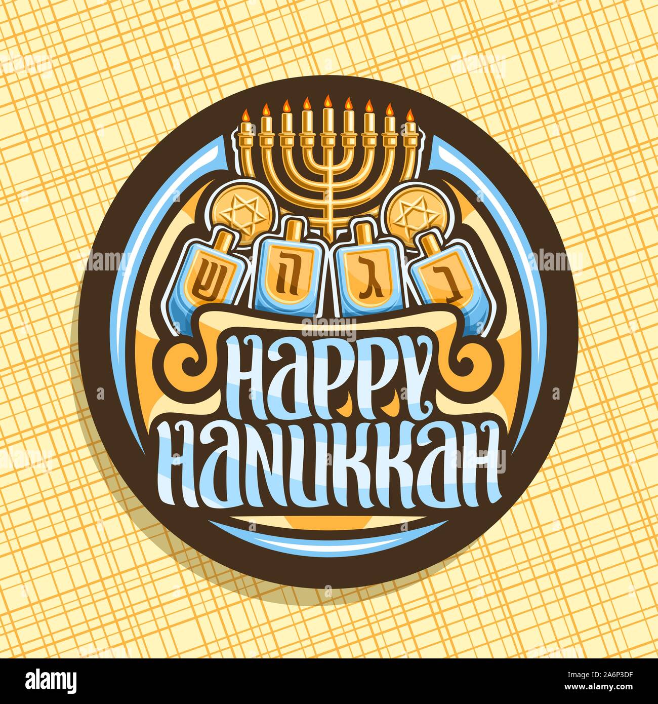 Vector logo for Hanukkah, dark round sticker with golden candelabra, chocolate tokens with star of David and 4 traditional spinning kids toys, origina Stock Vector