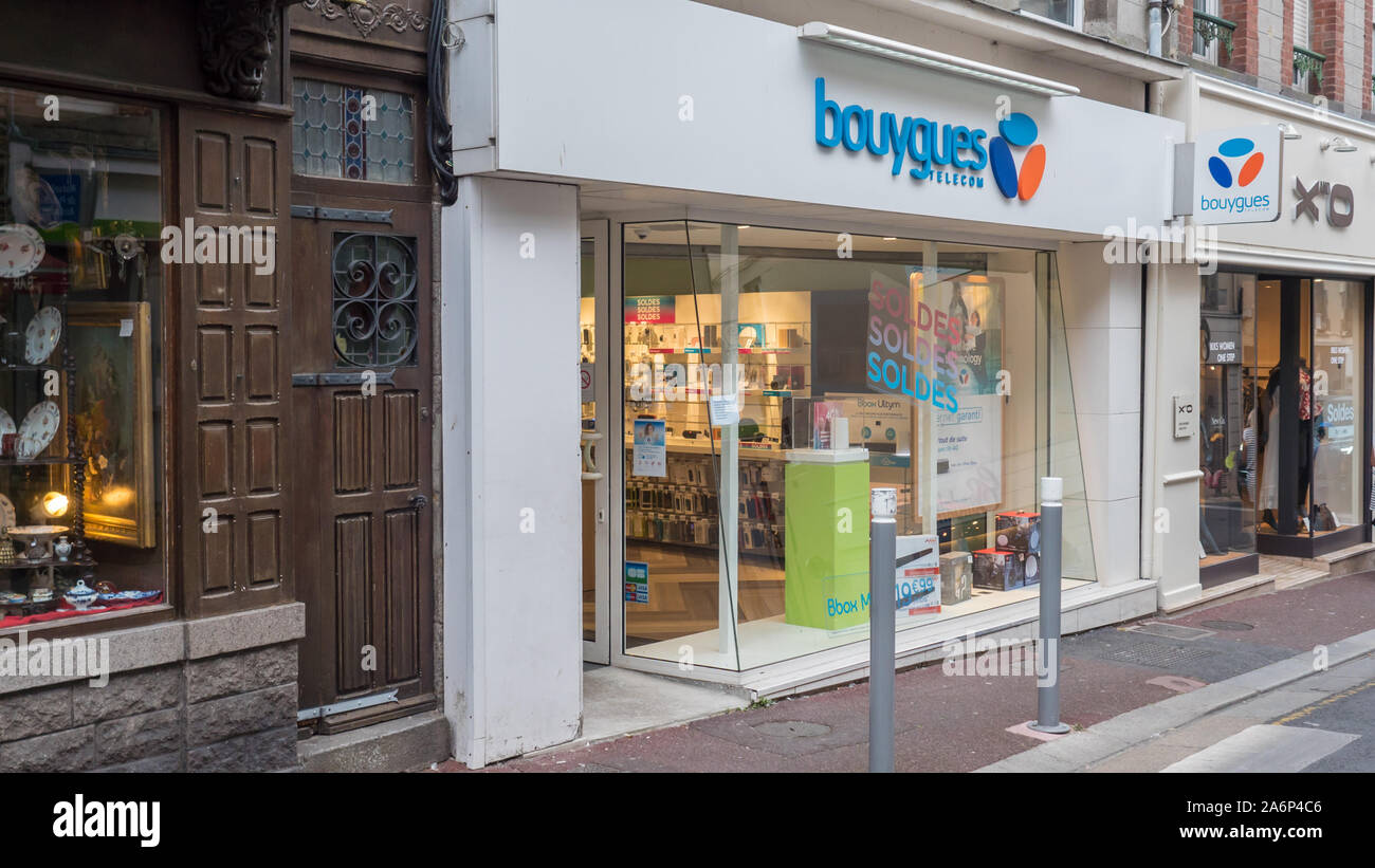 Front view of french phone operator store : Bouygues Telecom Granville, France 2019-08-08 Stock Photo