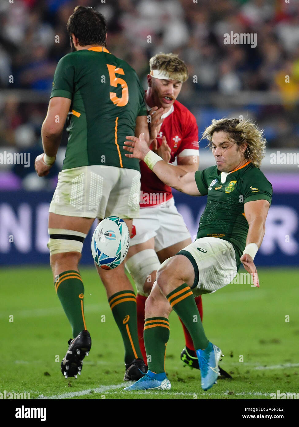 South Africa's Faf de Klerk box kicks during the 2019 Rugby World Cup