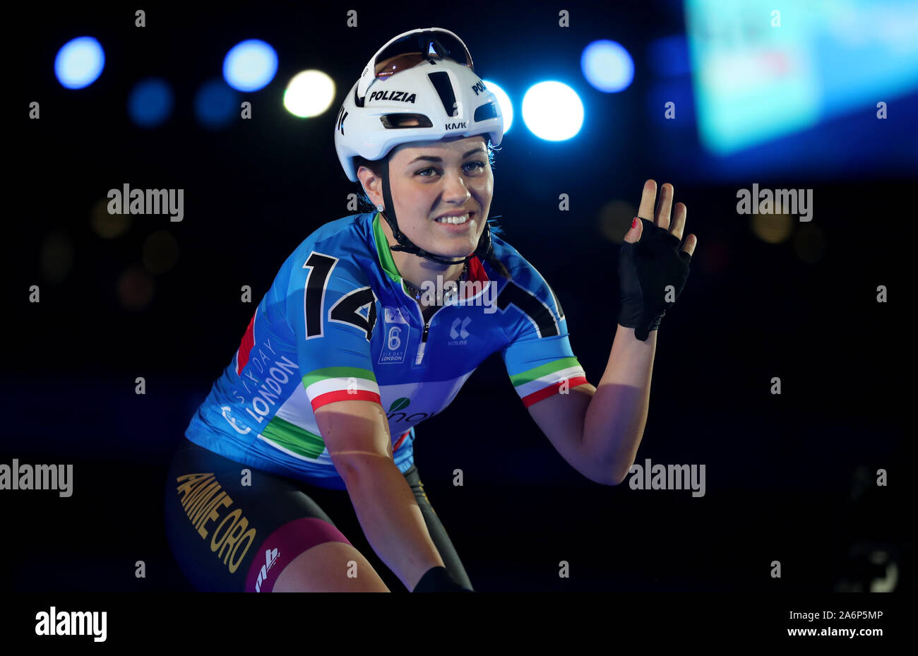 Italy’s Rachele Barbieri during day six of the Phynova Six Day Cycling at Lee Valley VeloPark, London. Stock Photo