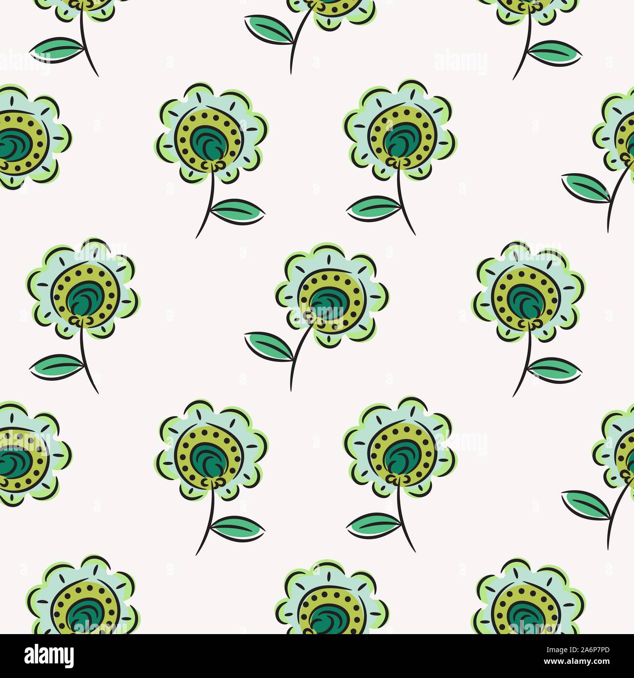 Green sketched flowers seamless pattern texture on white background. Stock Vector