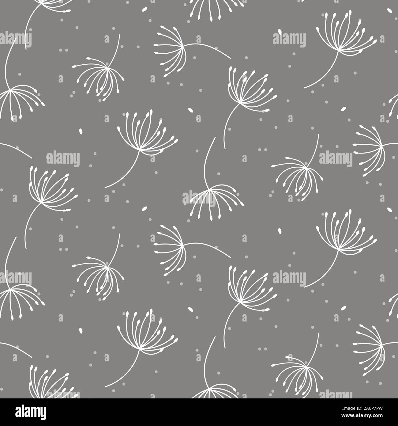 Seamless pattern texture with outline dandelions on gray background. Stock Vector