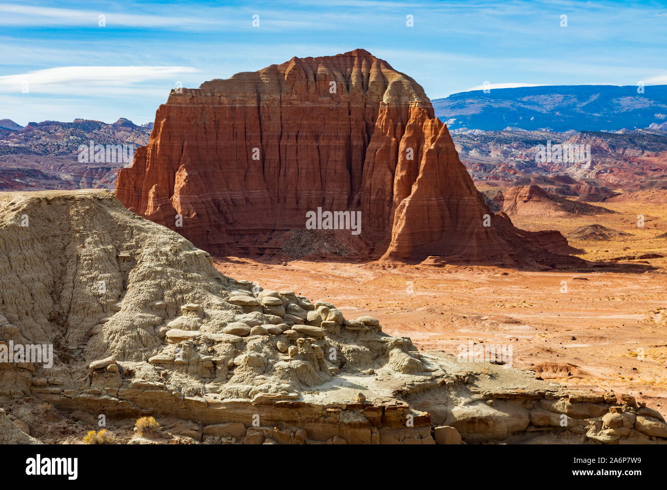 This is Jailhouse Rock in Capitol Reef National Park, Utah, USA. This shows the red rock of the Entrada Formation and grey of the Curtis Formation. Stock Photo