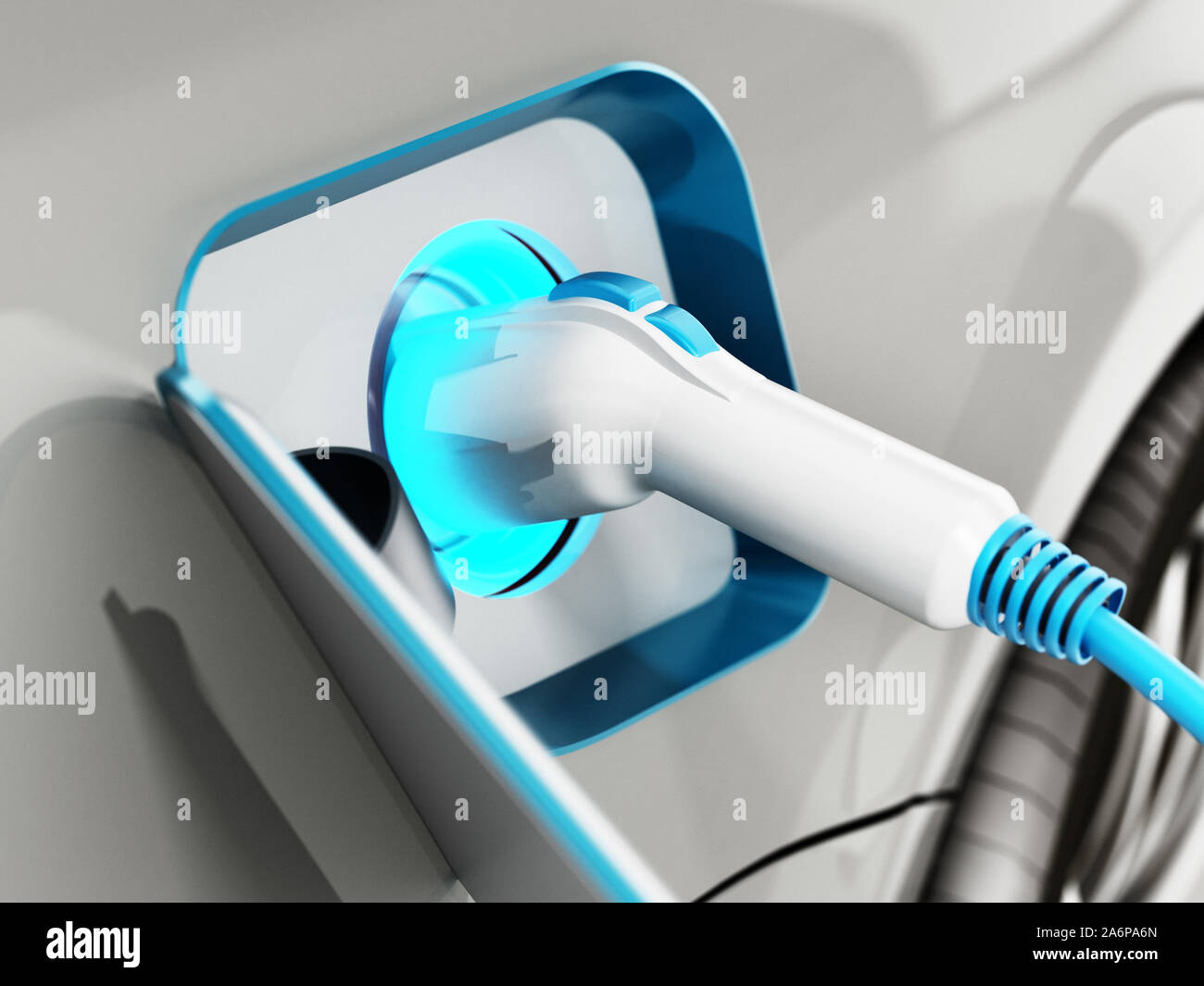 Plug-in hybrid or electric car being recharged. 3D illustration. Stock Photo