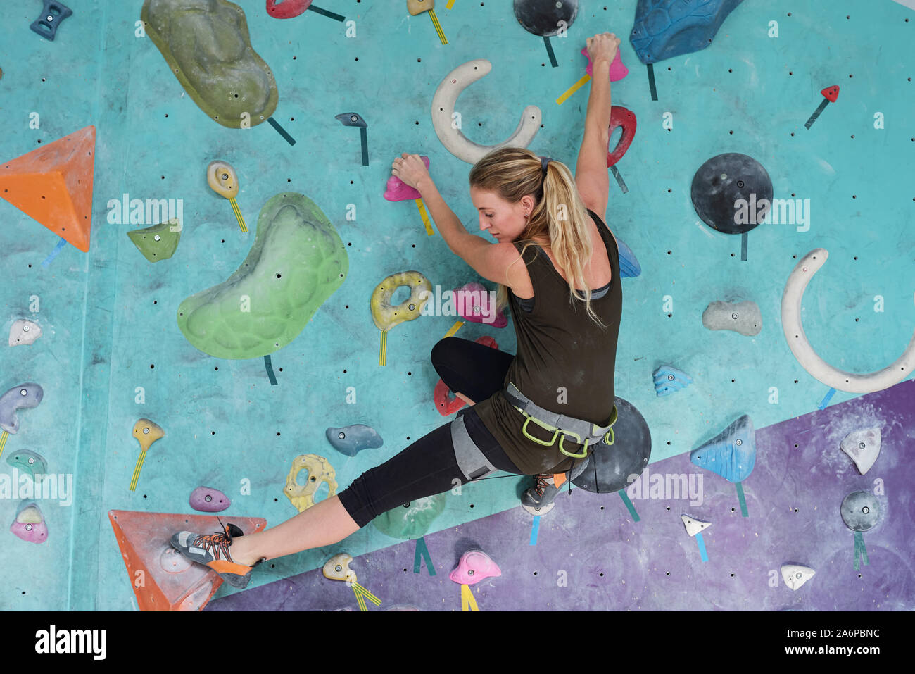 Cute blonde girl in activewear and safety belt on hips climbing in gym