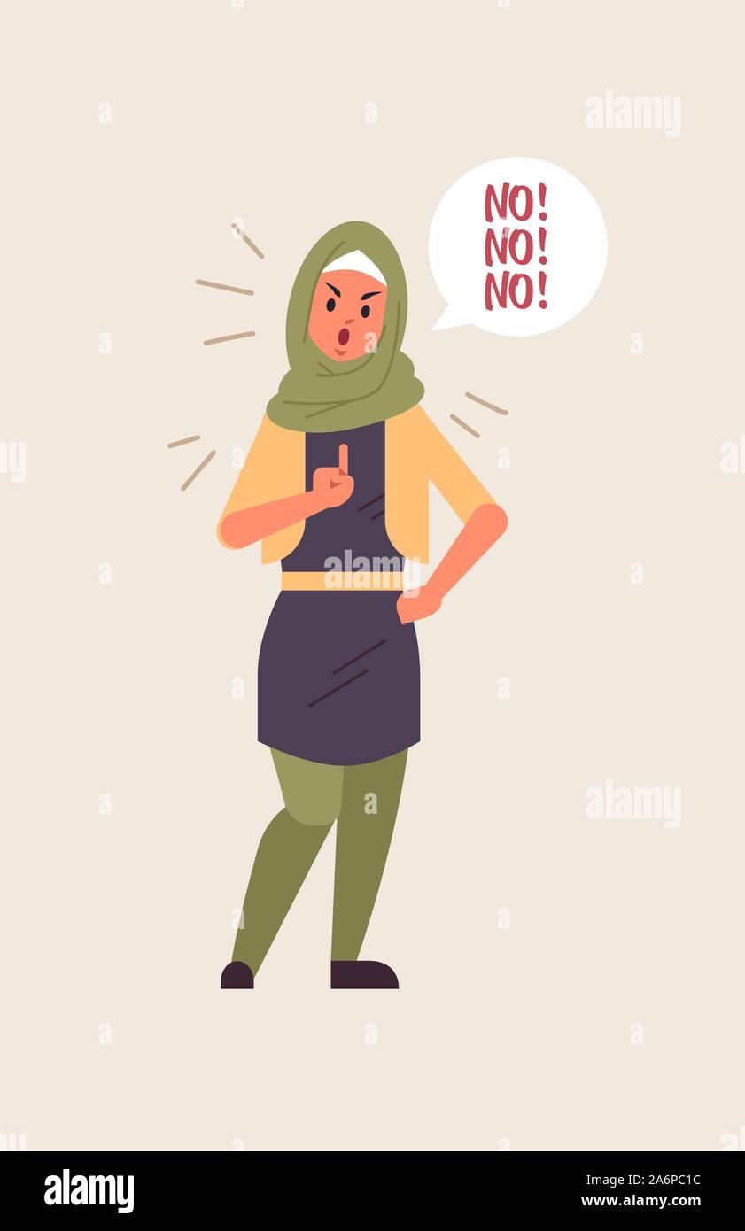 angry arab woman saying NO speech balloon with scream exclamation negation concept furious