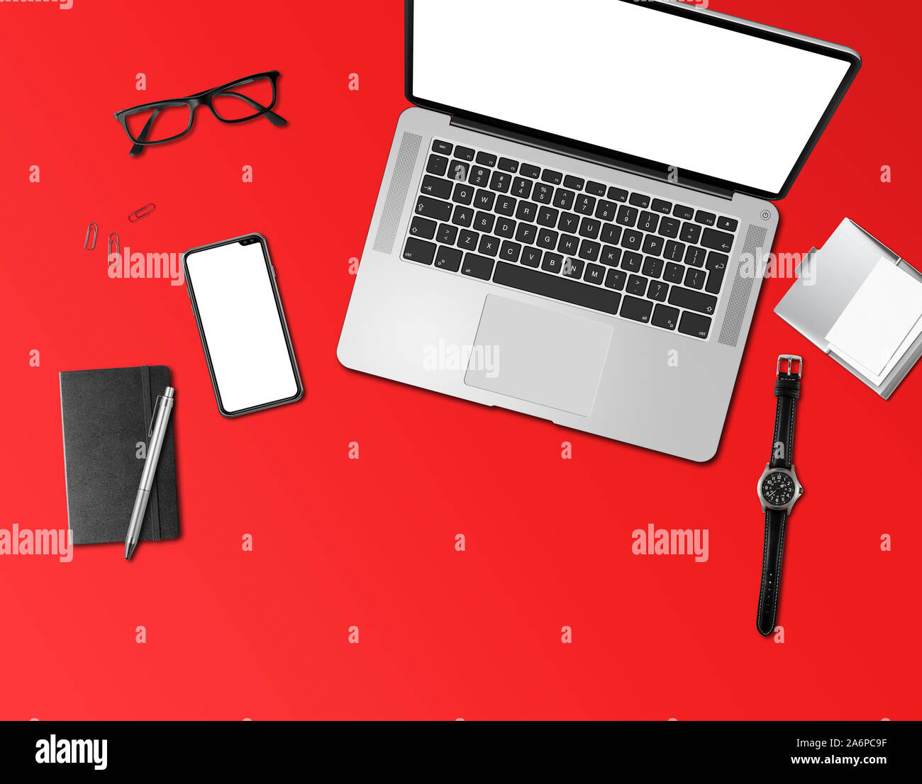 Modern office desk mockup top view isolated on red Stock Photo Alamy