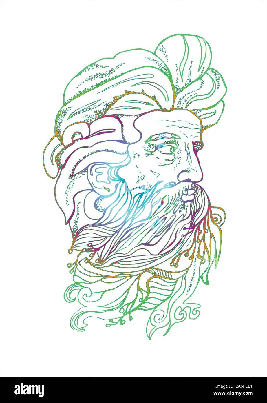 Neon illustration of a man's head with a beard and branches. Stock Vector