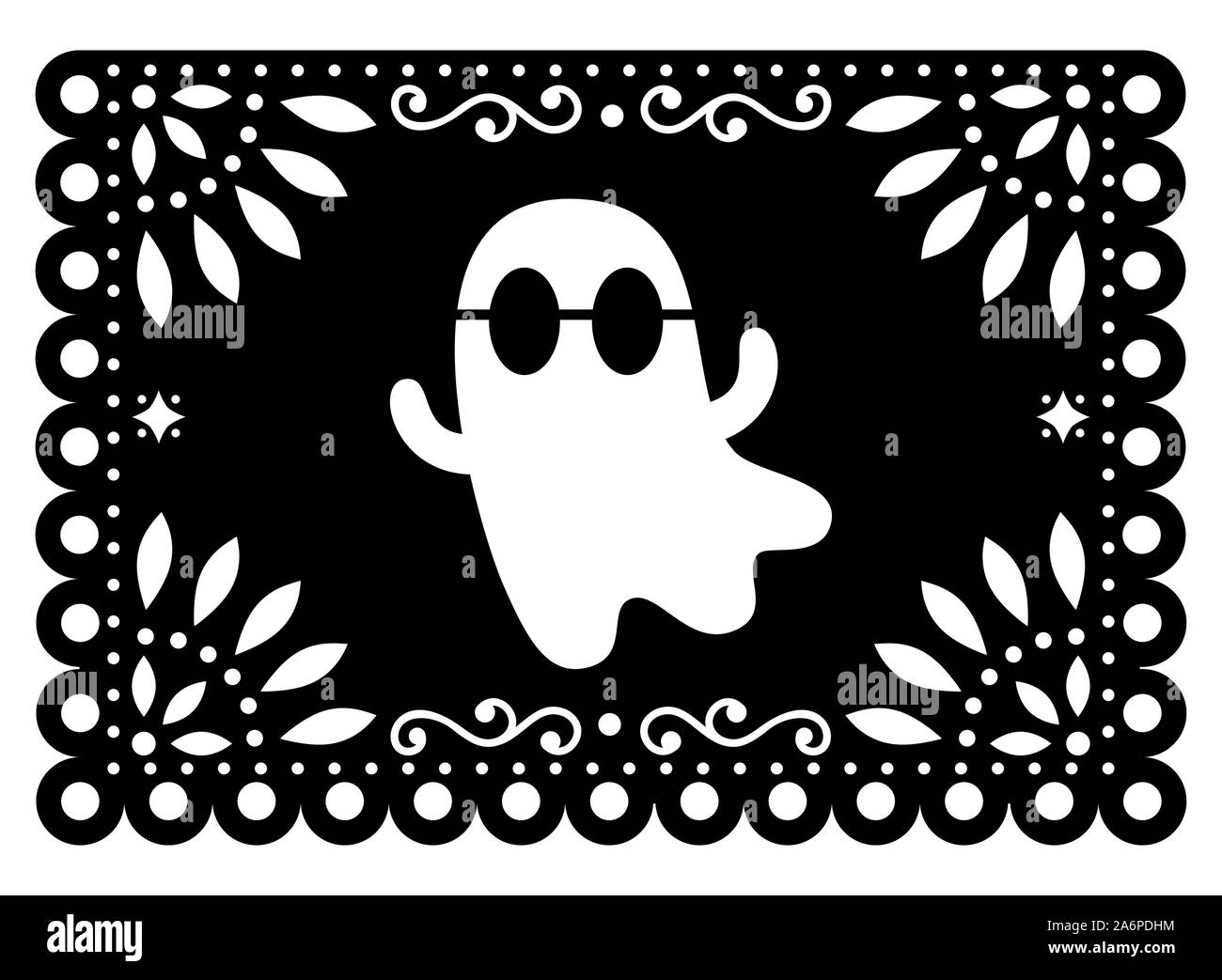 Halloween ghost Papel Picado design, Mexican paper cut out garland background with flowers and geometric shapes Stock Vector