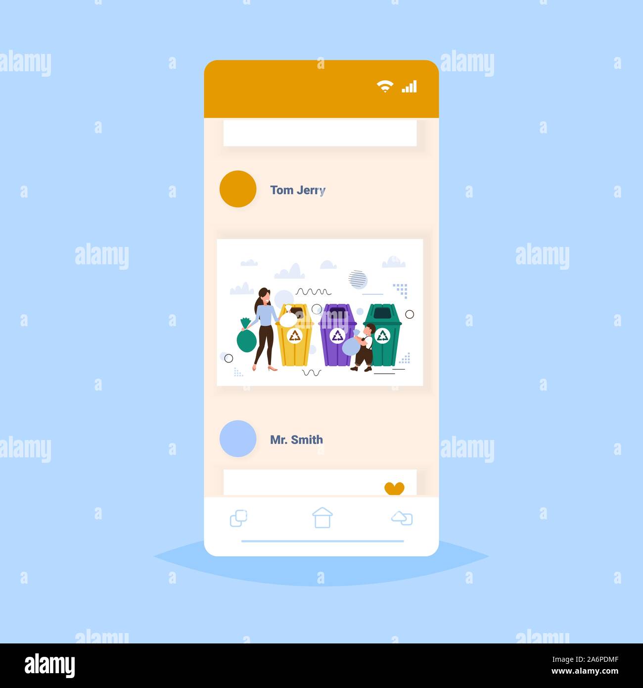 mother with child putting garbage bags in different types of recycling