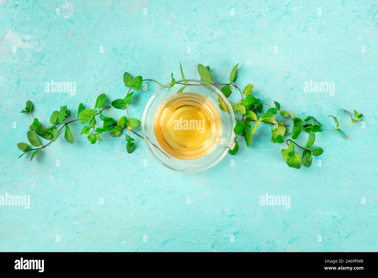 Mint tea cup, overhead shot on a blue background with vibrant fresh mint leaves and copy space Stock Photo