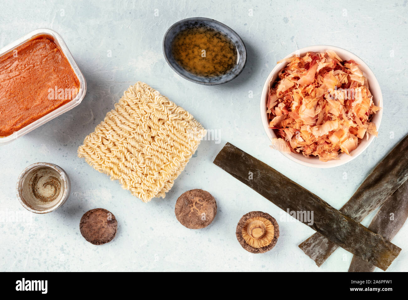 Ramen ingredients. Dried sea vegetable kelp, soba, miso paste, sake, mirin, shiitake mushrooms