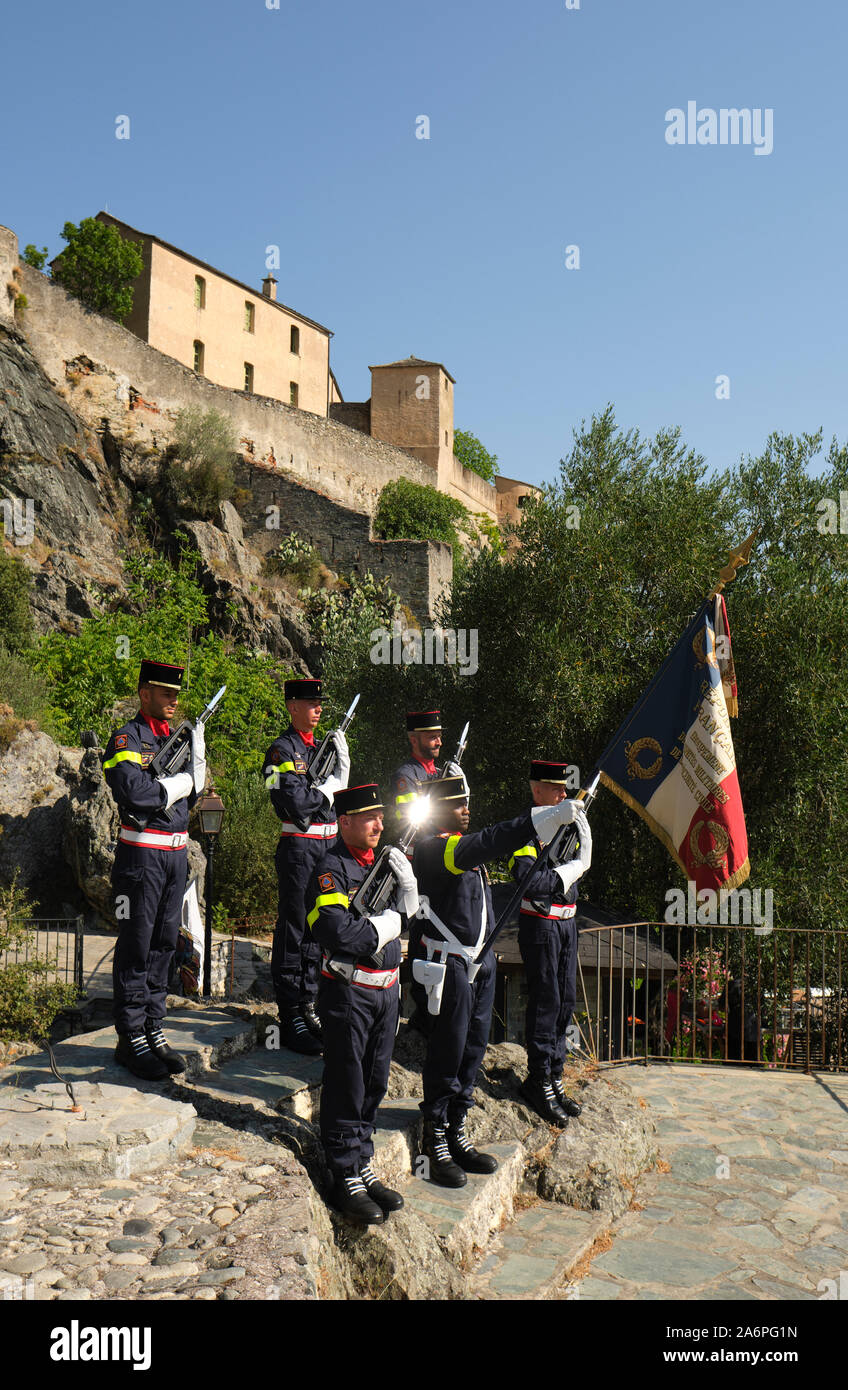Celebrating Bastille Day - The National Day of France in Corte Corsica France 14th July 2019 - UIISC 5 armed military civil security protection unit Stock Photo
