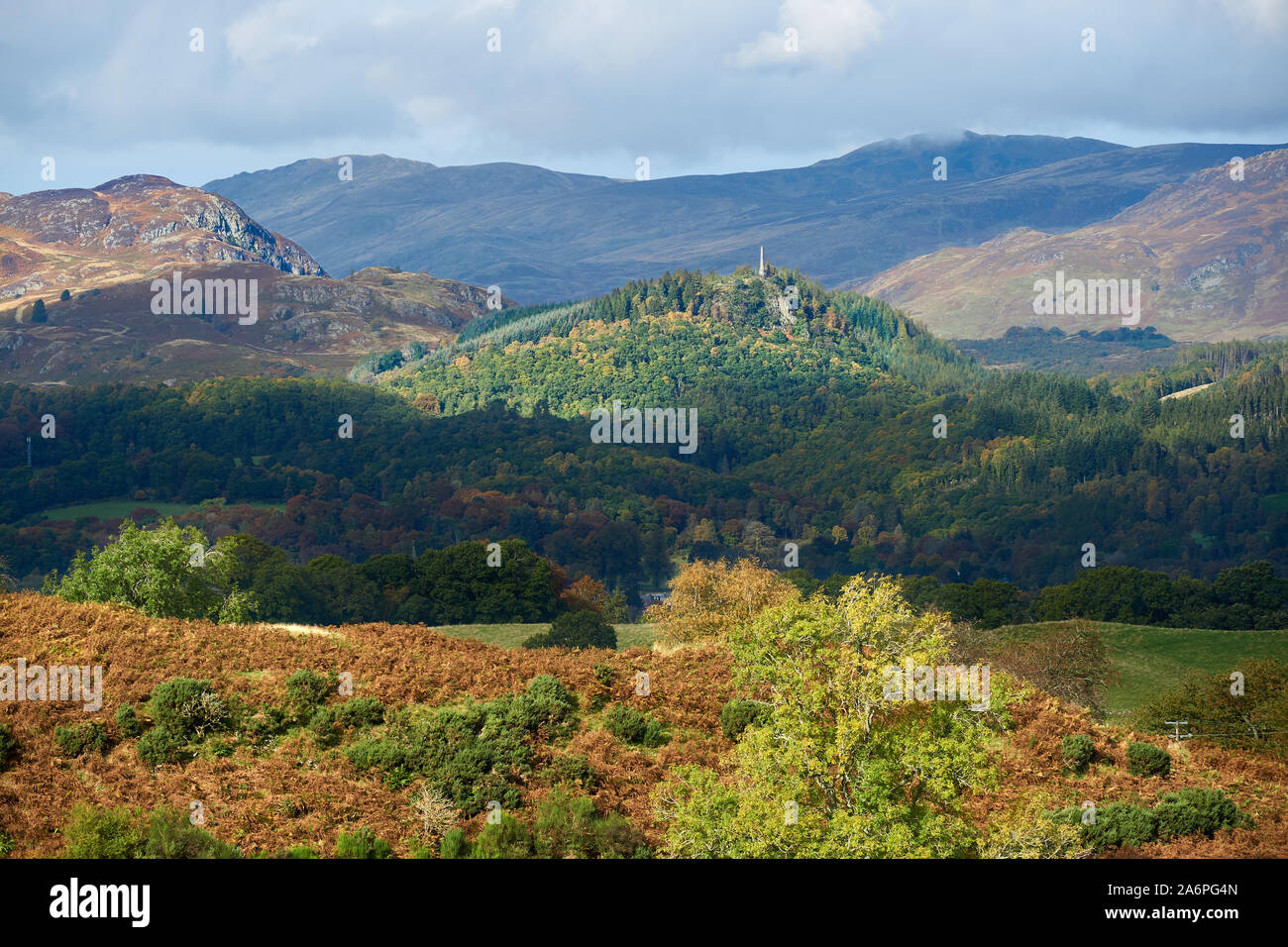 A view from the Auchingarrich Wildlife Centre on Lord Melville's Monument located on the summit of Dun More, overlooking Comrie, Perthshire, Scotland. Stock Photo